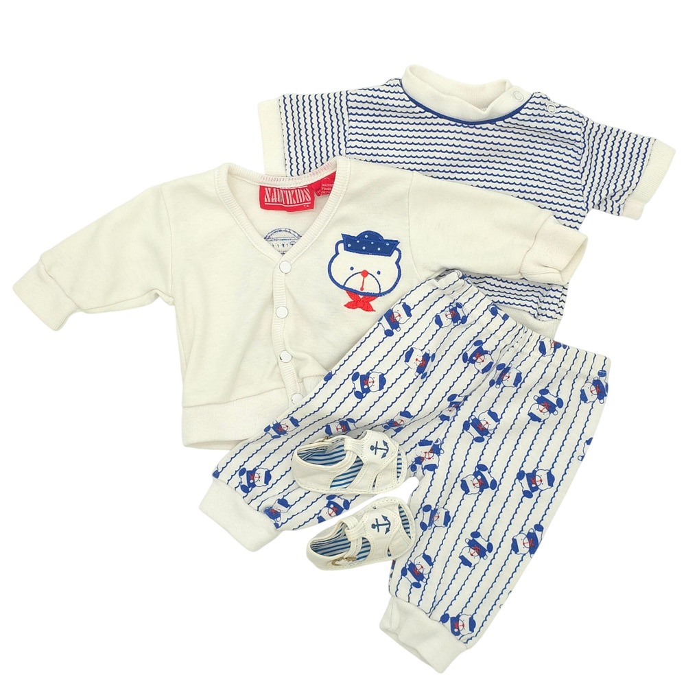 NautiKids Vintage 4pc Nautical Set Sailor Bear Striped Pants Shoes Boys 3-6M - Picture 2 of 8